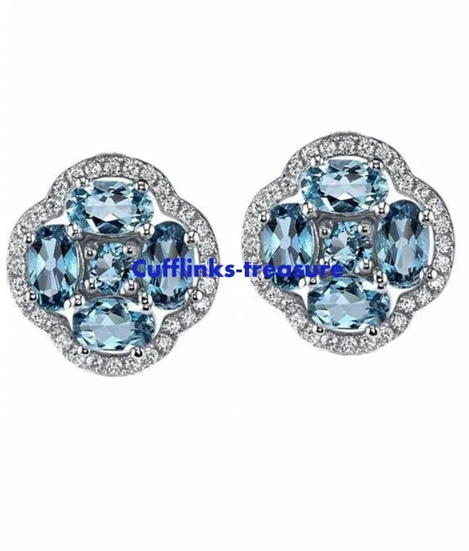 Gemas de topacio azul natural y circonita cúbica con gemelos de plata de ley 925 para hombre #94 Foto 3 de 3