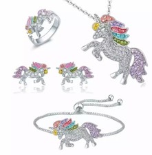 Unicorn Jewelry Set Rainbow Rhinestone Crystal Necklace, Bracelet, Earring,Ring
