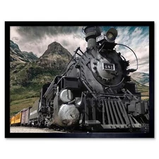 Old Steam Train Engine Mountains 12X16 Inch Framed Art Print
