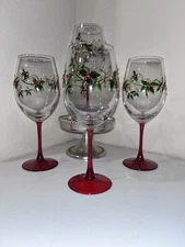 4-NWT JP HOME DRINK-WARE HOLLY DESIGN WITH RHINESTONE TALL WINE GLASSES