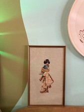 Vintage Large Handmade Geisha Needlepoint Framed Japanese Asian Kimono Wall Art