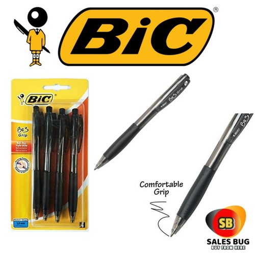 Bic Grip Black Bu3 Ink Biro Pens Retractable Medium Comfort Ballpoint