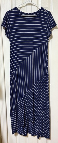 Soft Surroundings Navy Blue Stripes Short Sleeve Maxi Dress Size Petite Medium