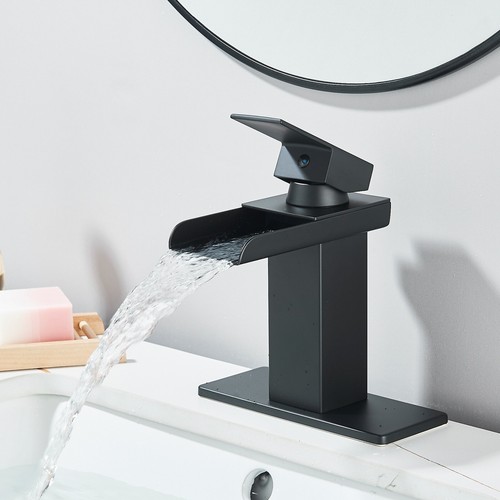 Bathroom Sink Faucet Black Single Handle Basin Waterfall Spout Mixer Tap w/Cover - Picture 9 of 11