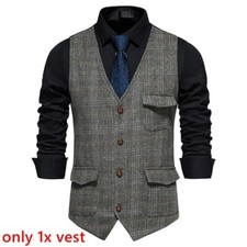 Men Check V-neck Suit Waistcoats Vests Gilet Button Formal Business Vintage