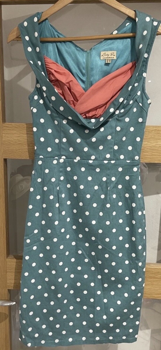 Lindy Bop 10 38 Vanessa Wiggle Dress Teal Blue Pink White Spotted