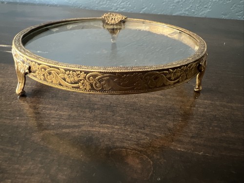 Antique Goldtone Ormolu Glass Footed Lady's Hairpin Tray 4 1/2" Round - Picture 9 of 11