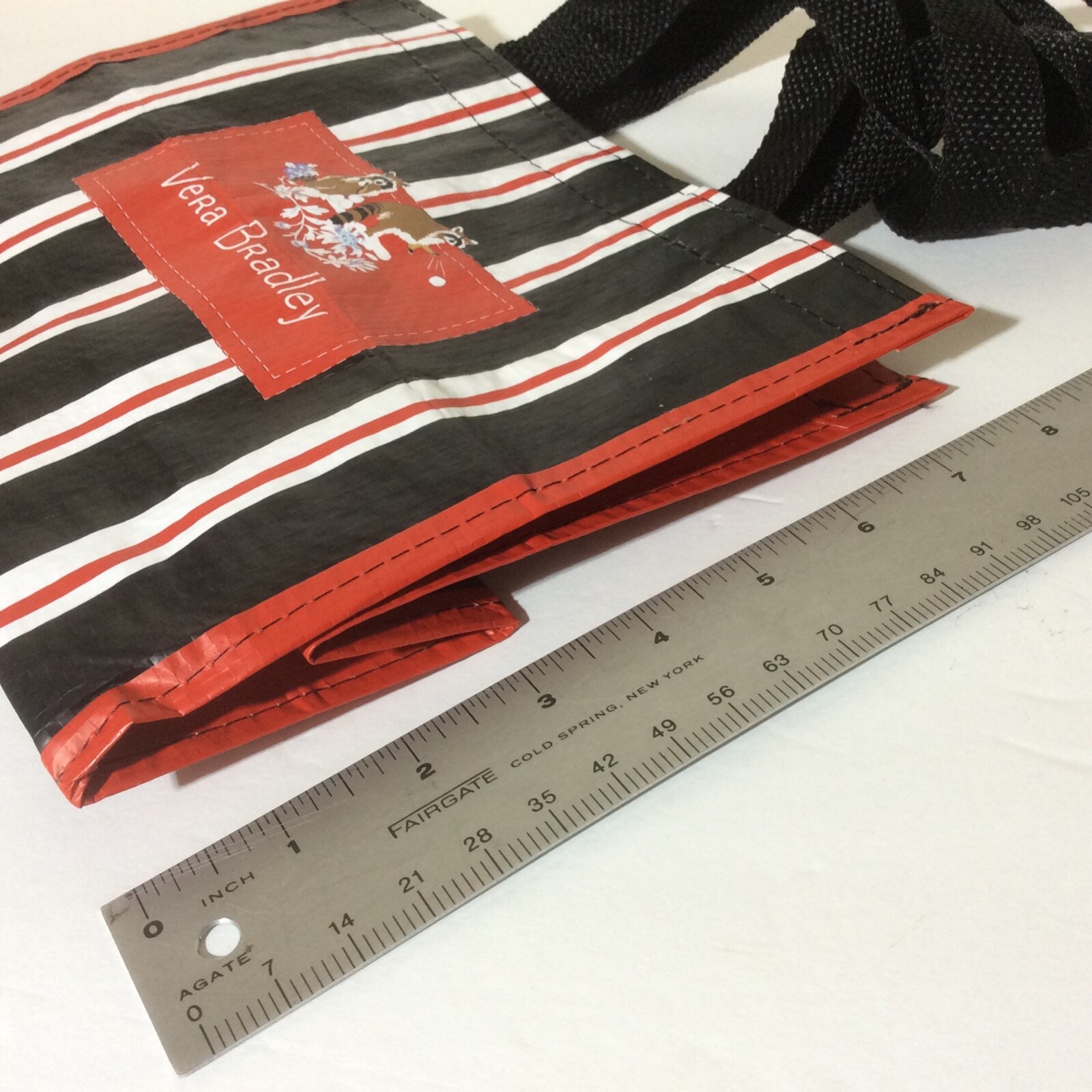 Vera Bradley Reusable Tote Red Black Stripe Racoon Holiday Gift Bag Apx