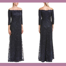 NEW 588 Tadashi Shoji  0  Lana Off the Shoulder Embroidered Lace Gown F486