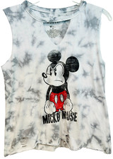 Disney Mickey Mouse Tank Top Grey Tie Dye Distressed Keyhole Neck Women Sz Small