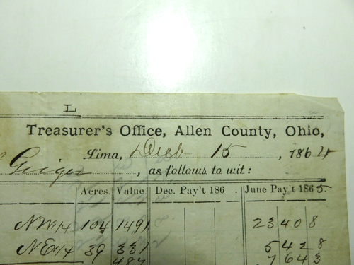Rare 1864 Civil War Era Property Tax Receipt Allen Co. Ohio - Picture 2 of 5