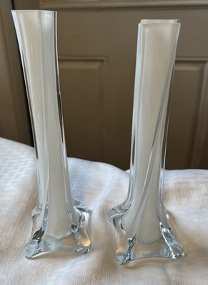 Pair of Eiffel Tower Glass Bud Vases White Int/ Clear Base 8 1/4  & 7 1/2  Tall