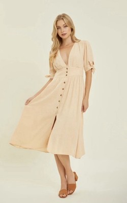 Heyson Textured Linen Button Down Midi Dress Size Medium Brand New