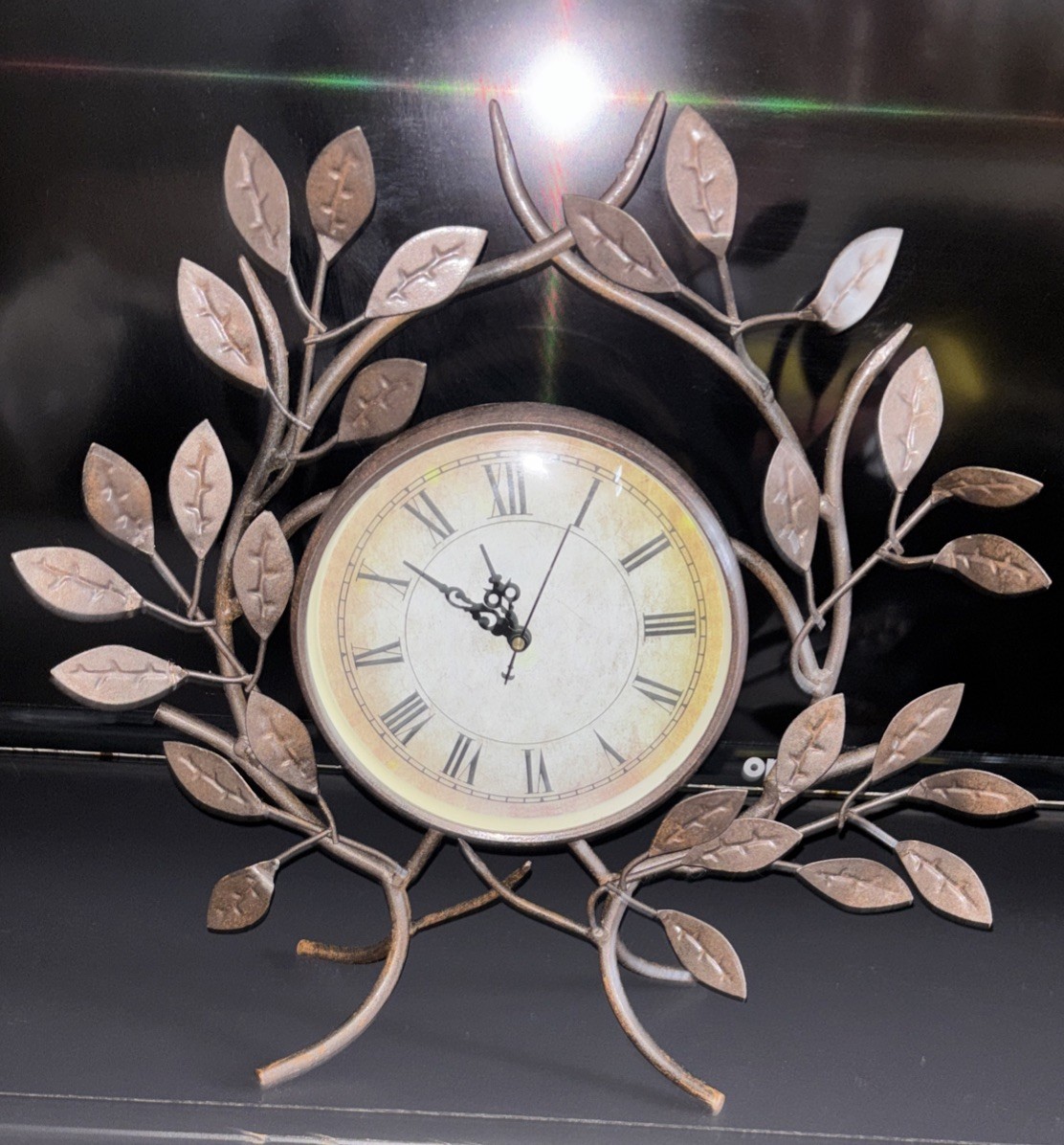 Table Clock With Metal Leaves Battery Operated In Working Condition