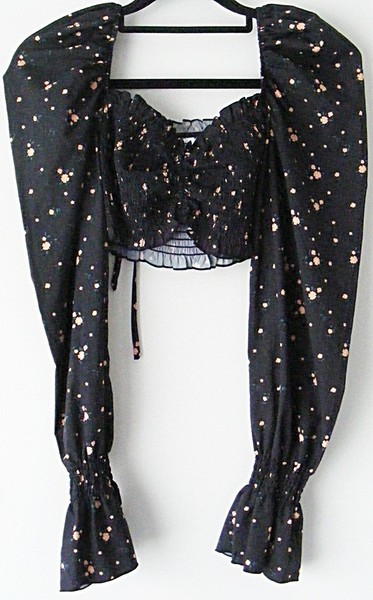 TIGERMIST Crop Top Black & Floral l/sleeve ruched Off-the-shoulder ~ Women sz XS