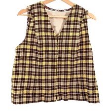 Vintage 90s Handmade Brown Yellow Plaid Zip-Front Vest Blouse