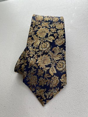 Paul Malone Palm Beach Blue, Gold Floral Pattern 100% Silk Handmade Tie NWOT