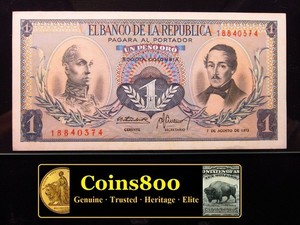 Colombia 1 Peso Oro 1973 UNC el Banco de La Republica Banknote Money 1g0374