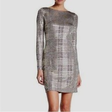 Eliza J Long Sleeve Scoop/Crew Neck Mini Metallic Gold party dress Size 4