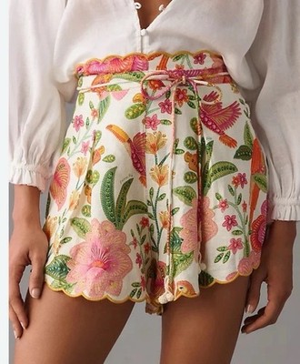 NEW FARM Rio And Pink Macaw Bloom Off White  High Waist Linen Shorts Size XL