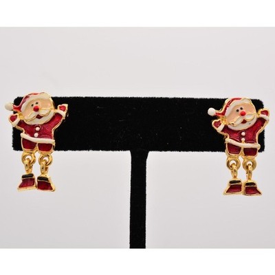Vintage Santa Claus Earrings Red Enamel Dangle Christmas Gold Tone Y2K BinZ