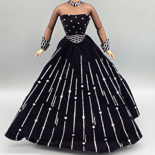 KLEID 1998 HAPPY HOLIDAYS SILBER SCHWARZ SAMT ABENDKLEID MODE PUPPENKLEIDUNG