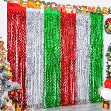 3-Pack 3.3x6.6ft Red Silver Green Christmas Wavy Tinsel Foil Fringe Curtains
