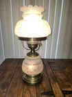 Vintage Quoizel Hurricane Lamp distinct milk glass shade & base w/floral pattern