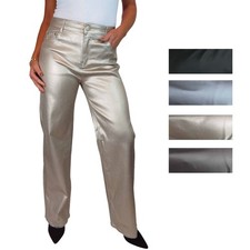 Ladies High Waisted Wide Leg Leather Look Jeans Very Stretchy Metallic Colours