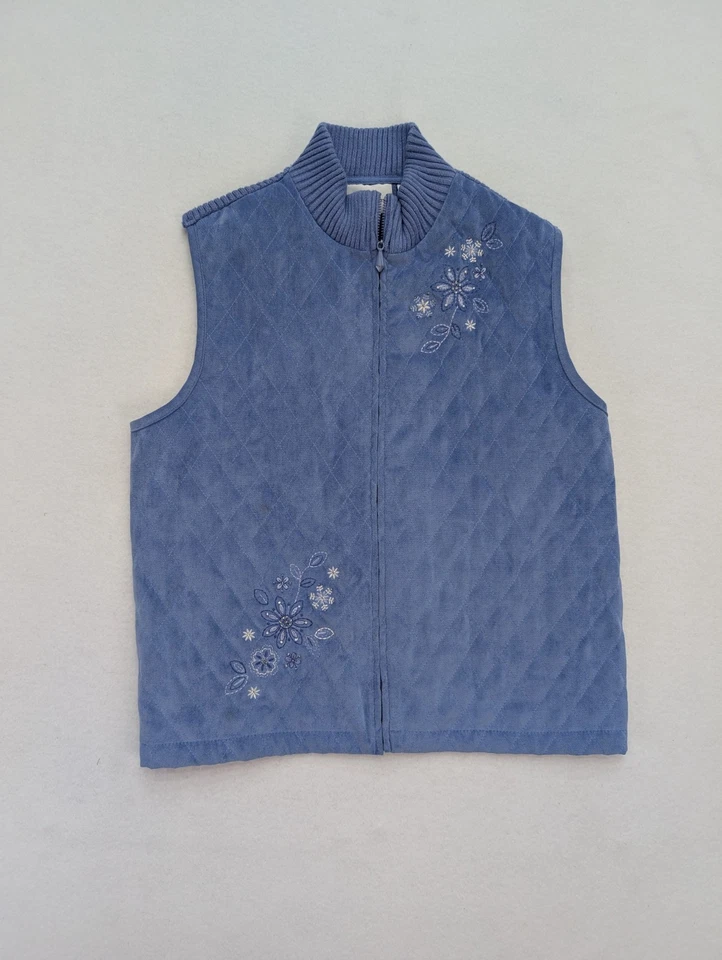 Alfred Dunner Women's Vest Size14 Blue Quilted Embroidered Full Zip - Image 2 of 4