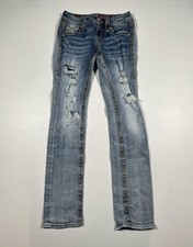 Rock Revival Jeans Womens 24 Blue Straight Distressed Embellished Flap Pockets