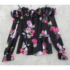 Adrianna Papell Blouse 10 Off Shoulder Ruffle Sheer Romantic Dark Coquette Party