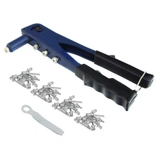 HEAVY DUTY HAND POP RIVETER TOOL 4 NOZZLE HEAD RIVET GUN & 75 ASSORTED RIVETS