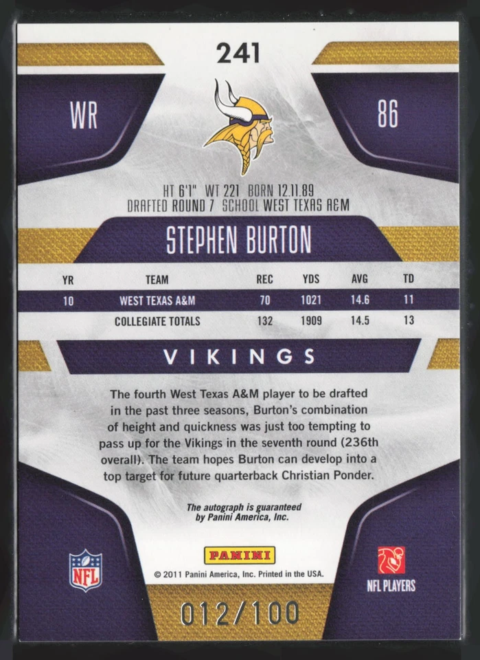 Stephen Burton 2011 Panini Certified #241 12/100 Rookie Auto Mirror Blue - Image 2 of 2