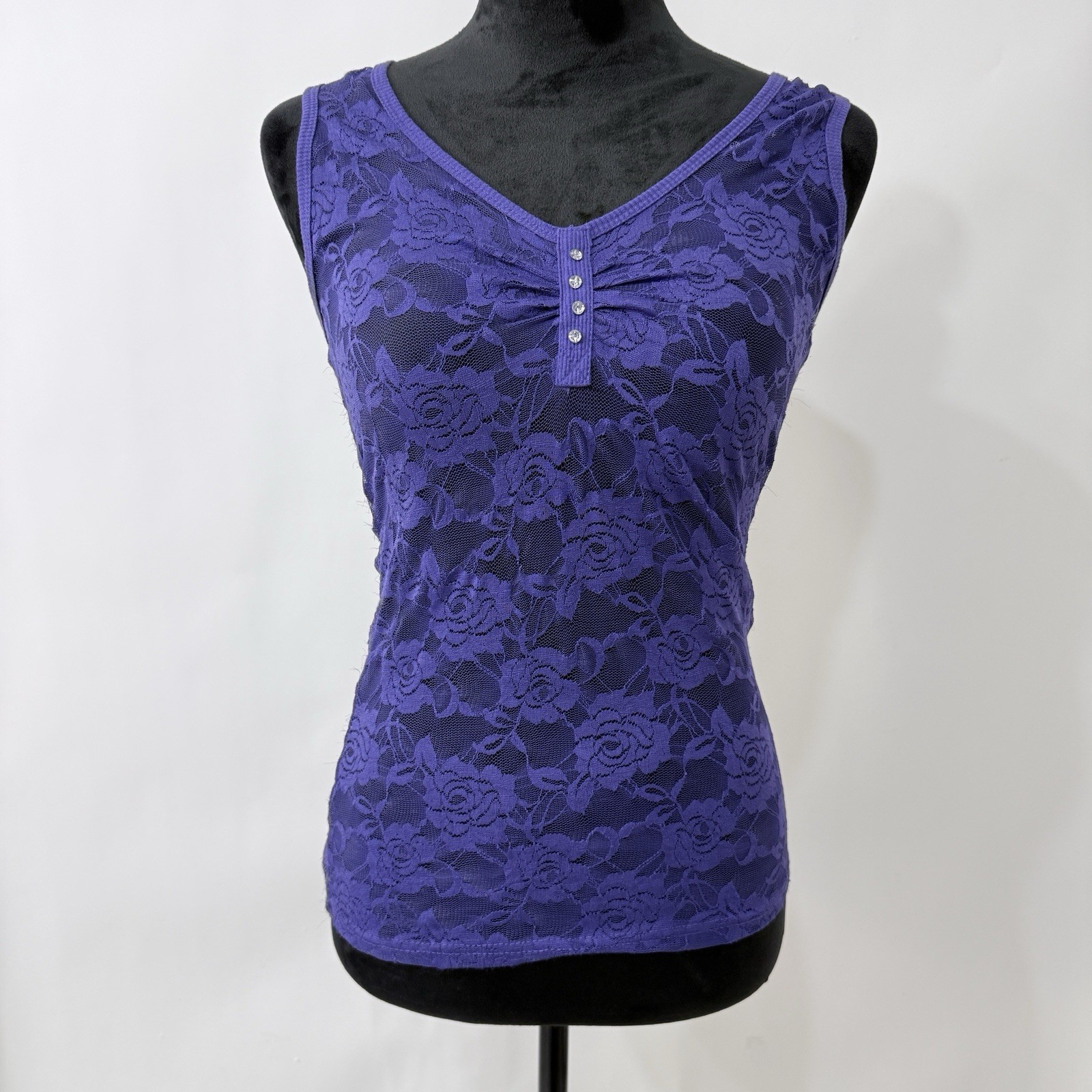 Color Story Floral Sheer Mesh Lace Tank Top Size L Purple Fitted Fairy Coquette
