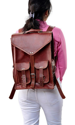 Vintage Brown Real Leather Laptop Messenger Crossbody Backpack Bag