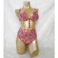 Women Samba Carnival Wire Bra High Waist Bottom 2pcs/Set Stones Bra Set