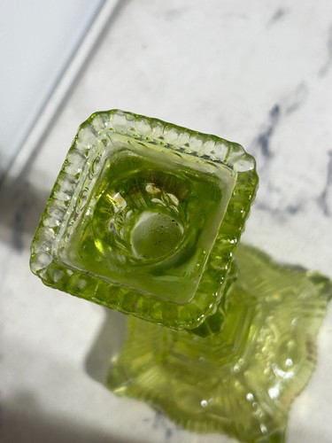 Two Vintage Nova Ivima 1895 Portugal Green Pressed Lime Glass Candle Holder - Picture 11 of 17