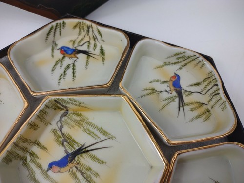 Vintage Porcelain Sweet Meat Serving Dish Set Japan W Box Lacquer Bird Japan - Picture 7 of 12