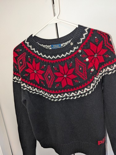 Polo Ralph Lauren Snowflake Sweater Girls Size XL 16 Black Red Let It Snow - Picture 7 of 12