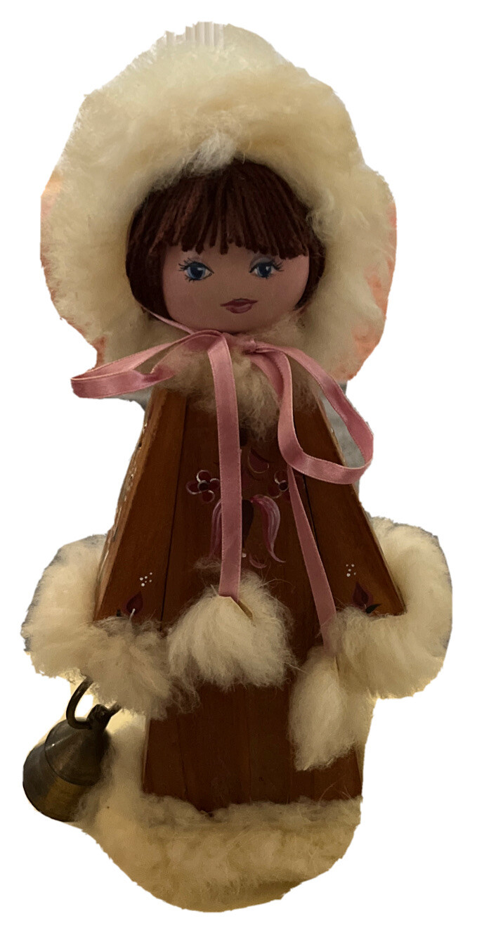 PONY Cappello pelliccia bambola legno principessa delle nevi lungo coda di cavallo pom campana firmato Donna Lee