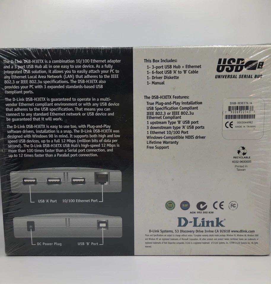 D-Link USB Hub + 10/100 Ethernet ~ 3 USB Ports + 1 Ethernet Port, SEALED DC Plug - Image 3 of 3