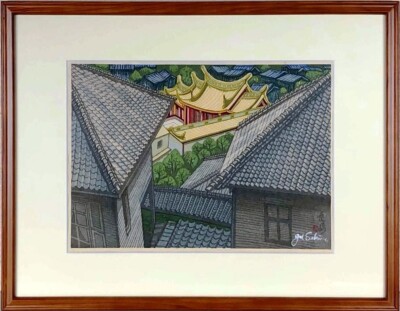 JUNICHIRO SEKINO ''Nagasaki Konfuzianischer Tempel'' Holzschnitt signiert gerahmt