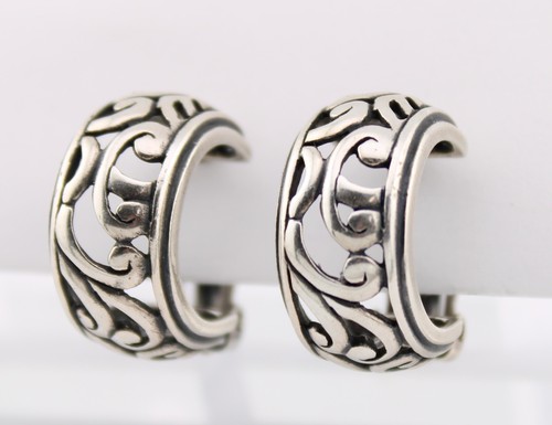 Wide Filigree Scrolls 1" Vintage Sterling Silver 925 Hoop Clip Earrings