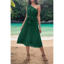 Pleated Single Shoulder Tie Waist Midi Dress