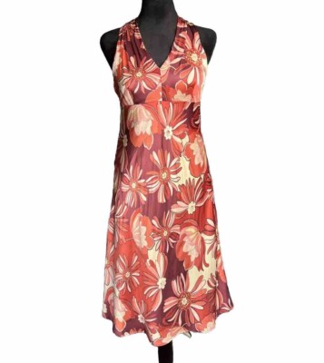 Loft Orange Floral Silk Halter Sun Dress Sz 6 Retro Boho Criss Cross Back  Slits | eBay