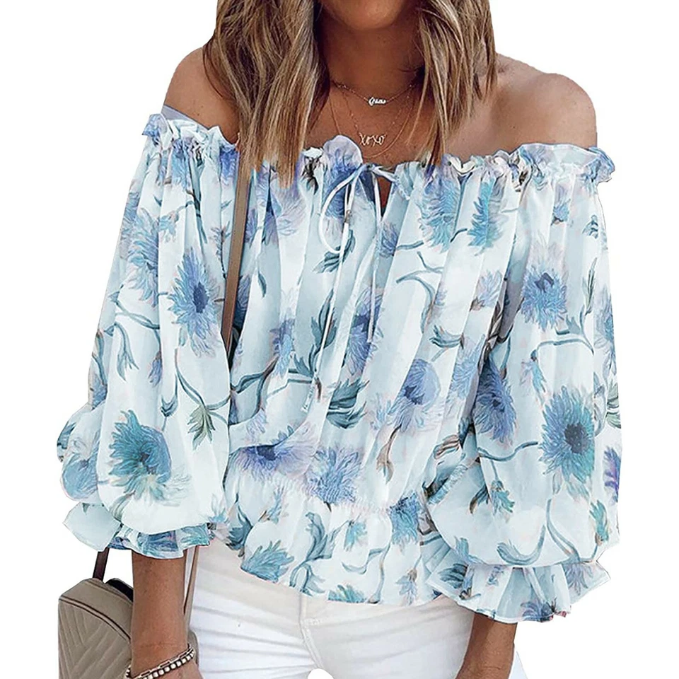 Women Blouse Chiffon Tops Floral Print Long Sleeve Off Shoulder Floral Shirts - Image 3 of 4