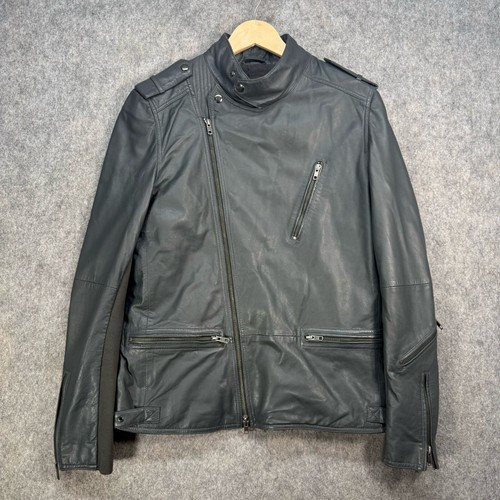 Reiss Leather Jacket Mens Size UK L Petrol Black Biker Zipped-Pockets Motorbike