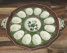 Temp-tations Hand Painted Greenn Floral Lace Deviled Egg Plate Platter Dish