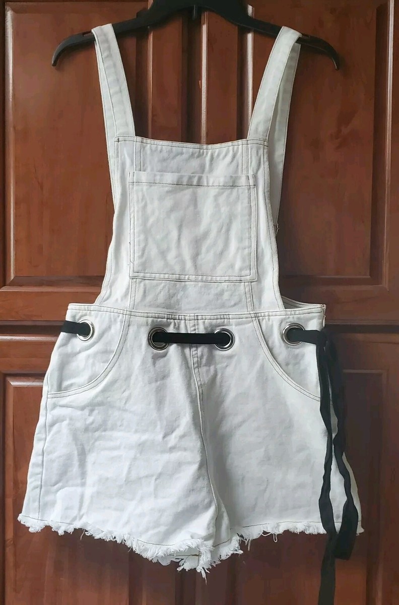 Kittenish Short Bib Overalls White Denim M W/ Black Tie Detail Side Zip
